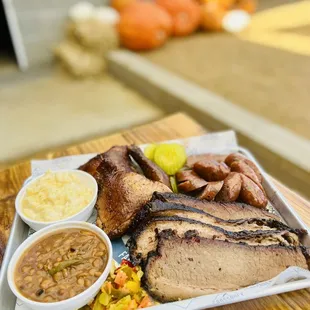 Brisket, Sausage, Chicken with Beans and Mac