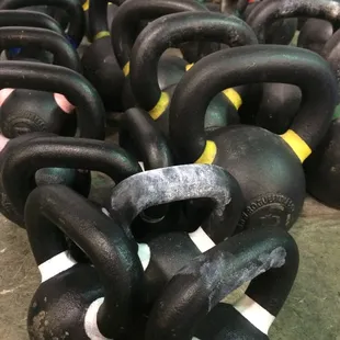 Many sizes of kettlebells