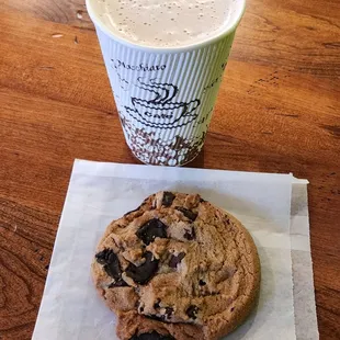 Chocolate chunk cookie and hot chocolate.