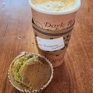 Pistachio walnut muffin &amp; very rich, complex, 20 oz, $6 blueberry matcha latte.