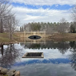 the reflection of a bridge in a pond