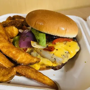 a cheeseburger and french fries