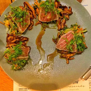 Seared Rare Yellowfin Tuna with perfectly braised oyster mushrooms