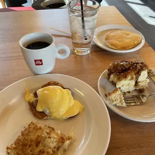 Eggs Benedict, Coffee, Pancake, Sticky Buns!