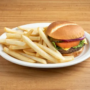 a hamburger and fries on a plate