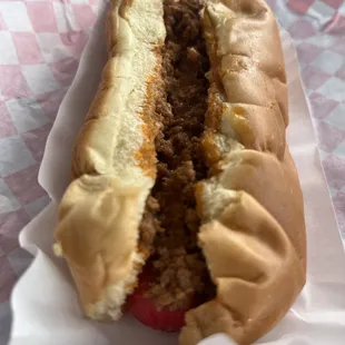 Chili cheese hot dog (cheese on the bottom)