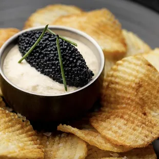 Housemade Chips, French Onion Dip and Kelp Caviar.