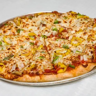 works pizza with pepperoni sausage mushroom onion green pepper and banana pepper