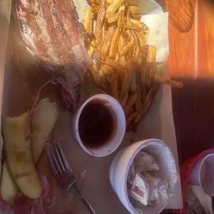 Brisket, fries, and potato salad