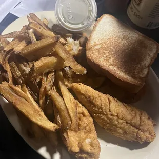 Fried chicken strips, French fries, garlic toast.  There's okra under the toast, too.