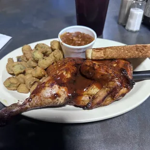 Half smoked chicken with okra and baked beans