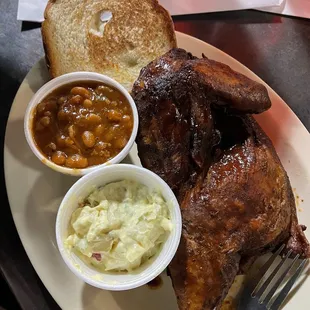Smoked half chicken baked beans and potato salad