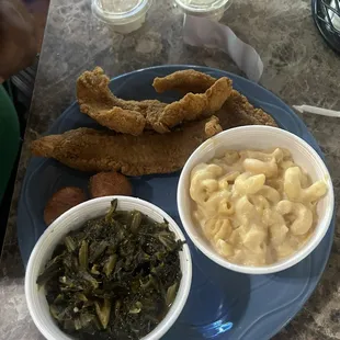 Catfish platter, with collard greens, and macaroni and cheese.