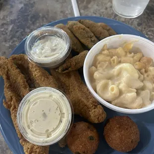 Catfish platter, fried okra, and macaroni and cheese