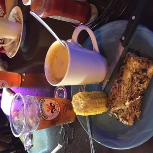 Food - Mahi mahi, corn, corn &amp; shrimp chowder, unsweetened tea