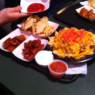 Standard pub grub. Waffle fries, wings, and cheesy nachos.