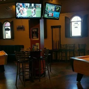 a pool table and televisions