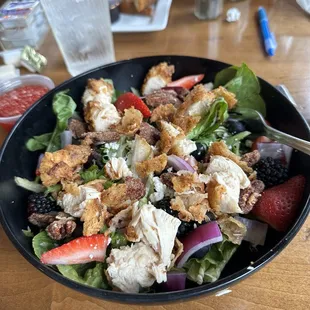 Berry Salad. It had strawberries, blueberries, blackberries candied pecans, fresh greens, and onions and I chose fried chicken