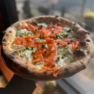 BRUNCH PIZZA Smoked Salmon, fried capers, fresh ricotta, red onions and green onions