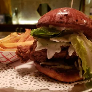 Buttermilk Crispy Chicken Sandwich with little gem lettuce, sweet-hot pickles and dill dressing