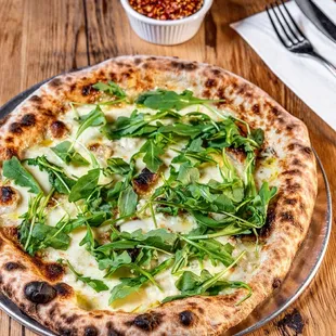FORMAGGIO FORTE (Taleggio, Grana Padano, Alpine Sweet Gorgonzola and Mozzarella,  topped with arugula)