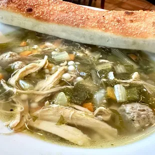 Wedding Soup (pastini, homemade chicken broth, beef meatballs, carrots, escarole)