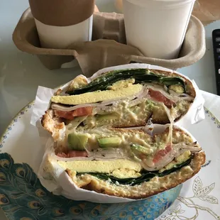 Deluxe breakfast sandwich and peanut butter latte