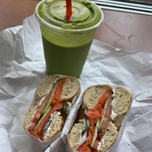 Green barets smoothie and Smoked Salmon and Cream Cheese Bagel