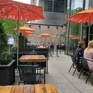 outdoor seating with umbrellas