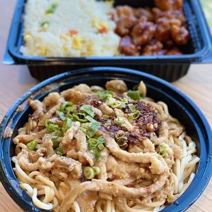 Dan dan noodles and orange chicken lunch