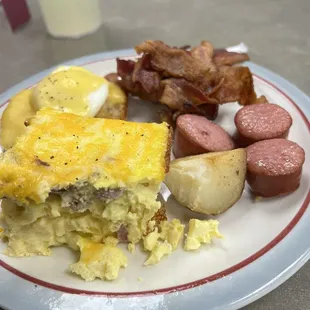 Some brunch offerings...breakfast casserole, kielbasa, eggs Benedict, and bacon.  Plenty of bacon.