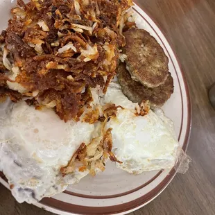 Two eggs, sausage and hashbrowns