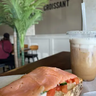 Salmon toast and iced caramel latte