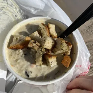 Chicken and wild rice soup with croutons