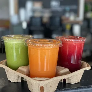 Green Detox, Collagen Booster &amp; Beetlejuice 3 of the 4 juices we offer.