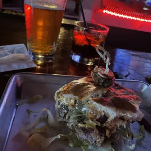 Lagunitas beer, Red headed Slut mix drink, Jalapeño popper burger.