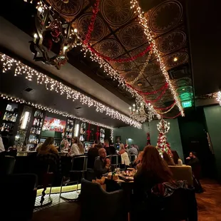 a restaurant decorated for christmas