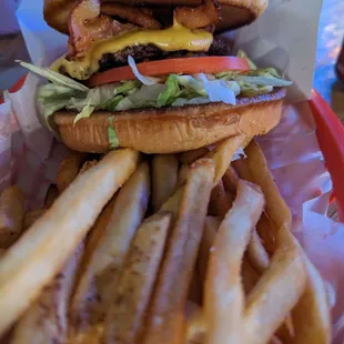 Bacon cheeseburger and fries