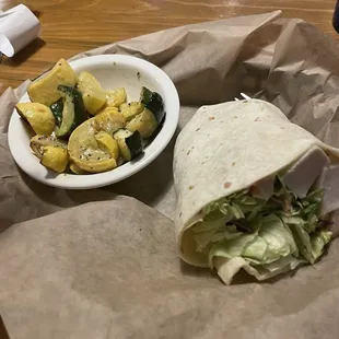 Fall wrap, had chicken and almonds and butternut squash puree.  Side of zucchini and squash.