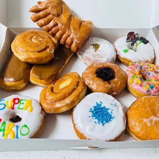 a variety of doughnuts in a box