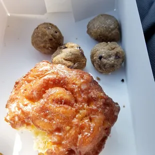 Apple fritter and blue berry donut holes