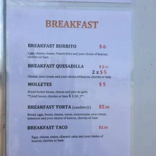 Breakfast menu