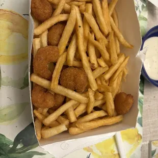 Popcorn Shrimp Combo (with curly hair on box flap replaced after cutting off perforated to-go box)