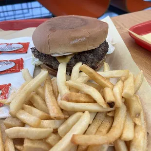 a hamburger and fries