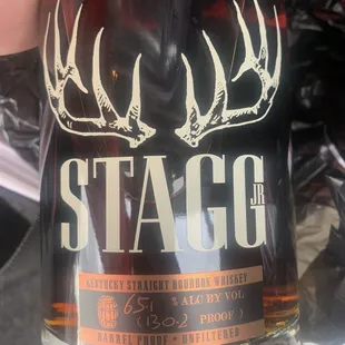 a close up of a bottle of stagg
