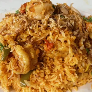 Shrimp Biryani. Spice infused aromatic basmati rice studded with shrimps.