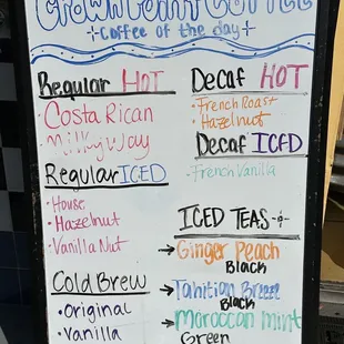 a sign with different types of coffee