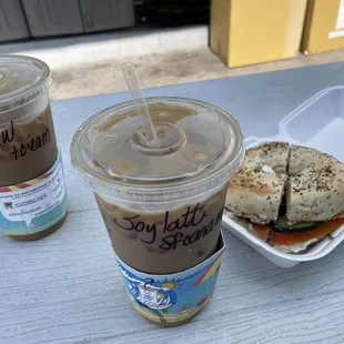 Milky Way iced coffee in large size, soy sugar free caramel latte in large size. Plus the epic lox bagel on everything bagel