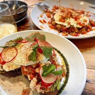 Crab Avocado Toast and Carnitas Hash