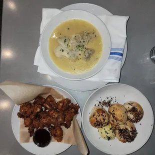 Onion soup dumplings, chicken goblet, everything knots